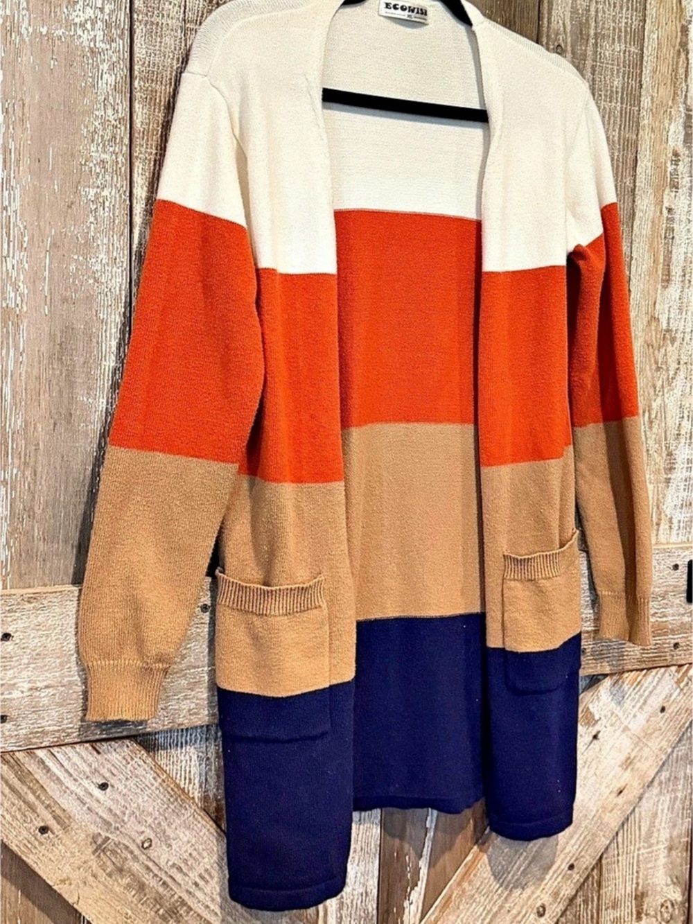 ECOFISH Color Block Cardigan in Orange & Navy XL. Front pockets.